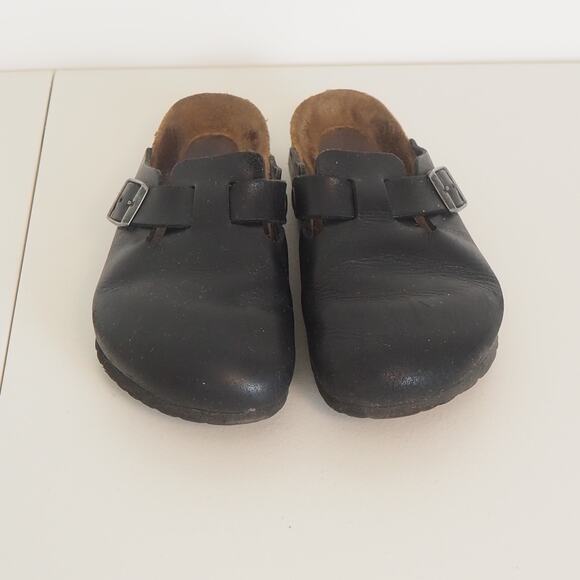 Birkenstock Boston Shoes Women's 38 Size 7- 7.5 Black Leather Soft Footbed Clogs - Picture 2 of 10